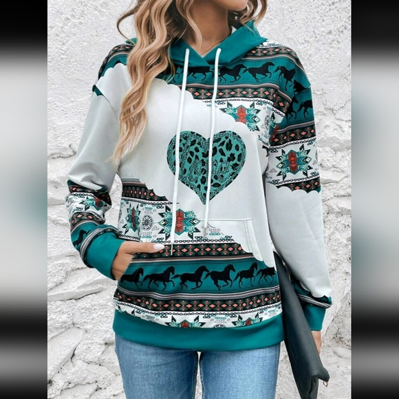 Teal and White Patterned Hoodie with Heart Design - Picture 1 of 4